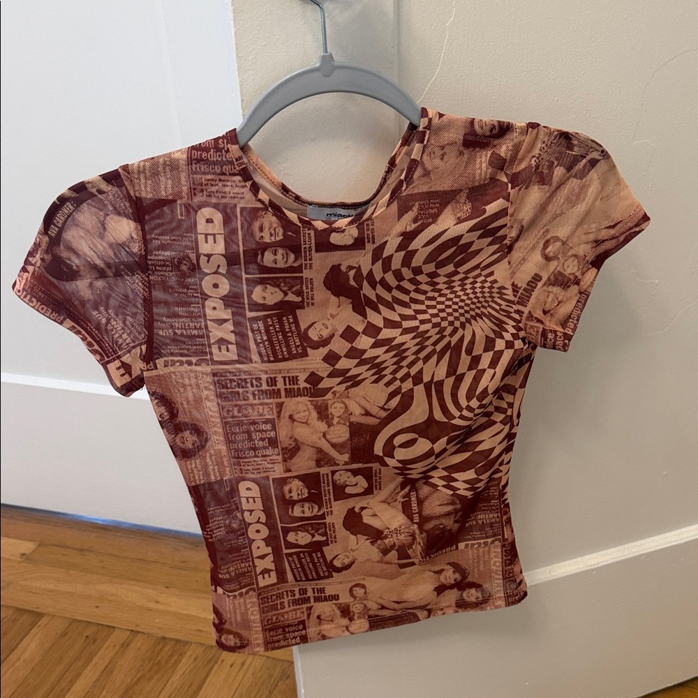 Miaou Brown Graphic Newsprint Crop Top